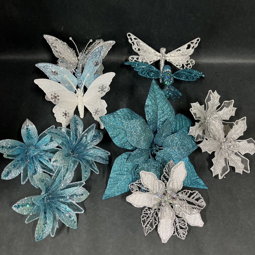 12 Silver/Blue Glittered Christmas Ornaments:Butterflies Dragonfly Bird Flowers
